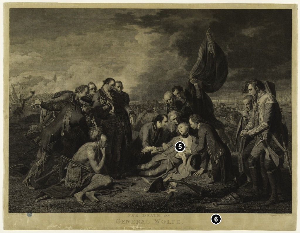 Annotated details from The Death of General Wolfe, print, 1776 by William Woollett after Benjamin West